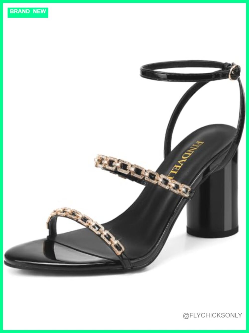 Faux Leather Chunky Block Heel Strappy Sandals Rhinestone Ankle Strap Party